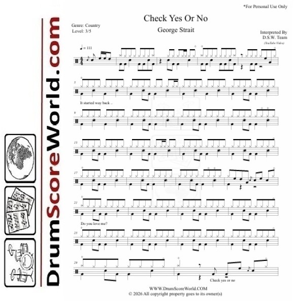 George Strait - Check Yes Or No | Drum Sheet